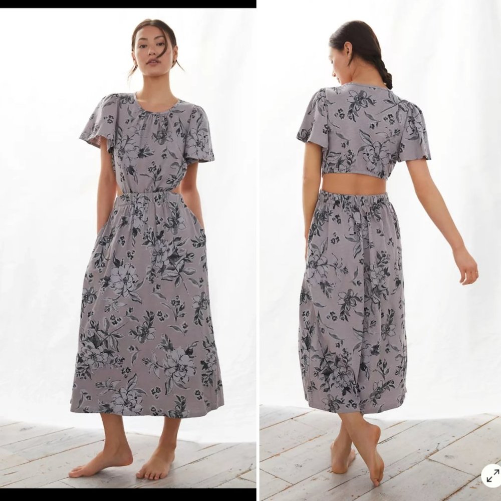 NWT Anthropologie T.la Cutout back Midi Dress Floral Cotton S Purple Grey